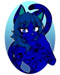  2022 absurd_res anthro black_body black_fur blue_body blue_eyes blue_fur blue_hair felid feline fur girly glowing glowing_eyes gradient_background hair hi_res its_bastet kelux_hybridge leopardus male mammal monochrome nude ocelot portrait simple_background solo watermark 