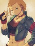  1girl abs antenna_hair blonde_hair blue_eyes cammy_white choker commentary_request crop_top cropped_jacket fingerless_gloves gloves highres jacket looking_at_viewer medium_hair midriff navel playing_with_own_hair scar scar_on_face solo street_fighter street_fighter_6 toned yuenibushi 