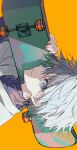  1boy black_shirt blue_eyes hair_between_eyes holding holding_skateboard hunter_x_hunter killua_zoldyck looking_at_viewer lunar_(lunar_815) male_focus messy_hair orange_background shirt short_hair skateboard smile solo spiked_hair turtleneck upper_body white_hair white_shirt 