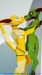  3d_(artwork) ambiguous_gender anthro baze claws digital_media_(artwork) dildo duo erection female female/female hi_res horn kobold kobold_dellarte kret lifting_up low_poly nude open_mouth reptile scalie sex_toy simple_background size_difference strapon 