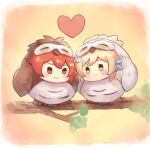  1boy 1girl animal_costume bird_costume blonde_hair closed_mouth diluc_(genshin_impact) flower genshin_impact hair_between_eyes hair_flower hair_ornament in_tree lumine_(genshin_impact) mirin_pengin owl_costume red_eyes red_hair short_hair smile tree wood yellow_eyes 