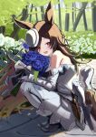  1girl absurdres adapted_costume animal_ears bare_shoulders blue_flower blue_rose bouquet dagger flower hair_over_one_eye highres holding holding_bouquet horse_ears horse_girl kneeling knife long_hair looking_at_viewer open_mouth outdoors purple_eyes revision rice_shower_(umamusume) rose sheath sheathed smile solo teeth tilted_headwear tsujiya_okuyasu umamusume upper_teeth weapon 