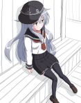  1girl black_skirt black_thighhighs blue_eyes brown_footwear feet_out_of_frame flat_cap from_above from_side grey_hair hat hibiki_(kancolle) kantai_collection loafers long_hair long_sleeves looking_to_the_side neckerchief partially_colored pleated_skirt red_neckerchief school_uniform serafuku shoes sitting skirt solo thighhighs tottsan 