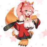  1girl animal_ear_fluff animal_ears animal_hands bell black_thighhighs bow breasts brown_eyes collar detached_sleeves fate/grand_order fate_(series) fox_ears fox_girl fox_tail gloves hair_between_eyes hair_bow highres japanese_clothes jingle_bell keita_naruzawa kimono large_breasts neck_bell one_eye_closed paw_gloves paw_shoes pink_hair ponytail red_bow red_kimono short_kimono solo tail tamamo_(fate) tamamo_cat_(fate) tamamo_cat_(first_ascension)_(fate) thighhighs wide_sleeves 