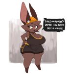  absurd_res amber_eyes anthro big_breasts big_ears breasts brown_body chiropteran cleavage clothed clothing dialogue exercise female foxialewd hat headgear headwear hi_res mammal moxie_(foxialewd) solo thick_thighs workout wristband 