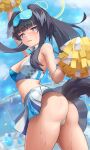  1girl absurdres animal_ears ass bangs bare_shoulders black_hair blue_archive blunt_bangs blush breasts cheerleader confetti crop_top crop_top_overhang eyewear_on_head hibiki_(blue_archive) hibiki_(cheerleader)_(blue_archive) highres holding holding_pom_poms jixo_(user_nzhc8728) long_hair looking_at_viewer medium_breasts midriff miniskirt multicolored_hair outdoors panties pom_pom_(cheerleading) ponytail skirt sleeveless solo sunglasses sweat tail thighs underwear white_panties 