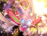  :d blue_eyes blue_gemstone commentary_request fang gem happy no_humans open_mouth pokemon pokemon_(creature) red_gemstone smile solo sylveon yuui_art 