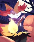  1girl :3 animal_ear_fluff animal_ears animal_nose artist_name bare_tree bat_(animal) black_fur blue_dress body_fur bow bowtie braixen closed_mouth clothed_pokemon commentary cowboy_shot dated dress english_commentary fang fence fire flat_chest flower fox_ears fox_girl fox_tail full_moon furry furry_female hair_flower hair_ornament halloween hand_up happy highres holding holding_stick looking_at_viewer moon multicolored_fur night outdoors pink_flower pink_rose pokemon pokemon_(creature) pokemon_cafe_mix pumpkin purple_bow purple_bowtie red_eyes red_fur red_nose rii_(rii_k_lr) rose short_dress sideways_mouth signature skin_fang sky smile snout solo standing star_(sky) starry_sky stick tail tree tsurime underlighting white_fur yellow_fur 