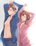  1boy 1girl abs arms_up artem_wing_(tears_of_themis) blue_pajamas blue_pants blue_shirt breasts brown_hair cleavage closed_eyes highres long_hair long_sleeves medium_breasts mirin_pengin no_bra open_clothes open_mouth open_shirt pajamas pants pink_pajamas pink_pants pink_shirt rosa_(tears_of_themis) shirt tears_of_themis toned toned_male waking_up 