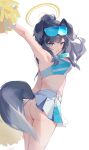  1girl animal_ears armpits arms_up ass bare_shoulders black_hair blue_archive blue_eyes breasts cheerleader crop_top dog_ears dog_girl dog_tail eyewear_on_head goggles goggles_on_head halo hibiki_(blue_archive) hibiki_(cheerleader)_(blue_archive) highres holding holding_pom_poms long_hair looking_at_viewer medium_breasts midriff miniskirt pom_pom_(cheerleading) simple_background skirt sleeveless solo sticker_on_face sunglasses tail thighs white_background yuan_(ziranran) 