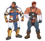  2boys bara beard biceps black_hair boots bulge clenched_hands coat cock_ring collared_coat facial_hair fingerless_gloves gauntlets glass gloves headband highres kuromine_hiraya large_pectorals leather leather_belt leg_armor looking_at_viewer looking_to_the_side male_focus male_swimwear manly mature_male multiple_boys nipples original pectorals pubic_hair red_eyes red_hair sex_toy short_hair simple_background solo spiked_hair swim_briefs thick_arms thick_eyebrows thick_thighs thighs tight white_background 