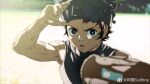  1boy bandaid bandaid_on_face bandaid_on_nose bare_shoulders baseball_mitt black_tank_top blurry blurry_background blurry_foreground child highres kamado_tanjirou kimetsu_no_yaiba looking_at_viewer male_child male_focus muscular muscular_child negishiokun outdoors red_eyes red_hair scar solo sweat tank_top 