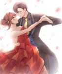  1boy artem_wing_(tears_of_themis) bare_shoulders black_pants black_shirt black_suit blue_vest brown_hair dancing dress forehead formal hair_between_eyes hair_bun highres long_skirt long_sleeves low_ponytail mirin_pengin necktie off_shoulder pants ponytail red_dress red_nails rosa_(tears_of_themis) shirt short_hair single_hair_bun skirt smile suit tears_of_themis vest wedding wedding_dress yellow_eyes yellow_necktie 