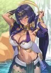  1girl ankh bangs bare_shoulders blue_eyes blue_hair blue_shorts blue_skirt breasts bridal_gauntlets candace_(genshin_impact) cleavage cuboon dark-skinned_female dark_skin detached_sleeves genshin_impact gold_trim hair_ornament hairband halterneck heterochromia jewelry large_breasts looking_at_viewer medium_hair navel neck_ring sash short_shorts shorts sidelocks skirt solo thighlet thighs wading water wet yellow_eyes 