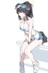  2022 animal_humanoid black_hair blue_archive bodily_fluids bottomwear breasts canid canid_humanoid canine canine_humanoid cleavage clothed clothing dog_humanoid female footwear hair halo hi_res hibiki_nekozuka humanoid mammal mammal_humanoid shoes sitting skirt solo sweat urec white_body white_skin 