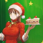  1girl bell breasts brown_eyes brown_hair cake cake_slice commentary_request earrings food fruit hat highres holding holding_plate indoors jewelry jun_(seojh1029) large_breasts long_hair looking_at_viewer neck_bell original plate red_sweater ribbed_sweater santa_costume santa_hat sparkling_eyes star_(symbol) strawberry strawberry_shortcake stud_earrings sweater upper_body 