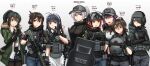  6+girls :d ;d absurdres ahoge aleksandra_morozova apron assault_rifle bangs baseball_cap black_dress black_gloves black_hair black_necktie black_pantyhose black_shirt black_shorts blue_eyes blue_pants breasts brown_eyes brown_gloves brown_hair bullpup candy character_name closed_mouth collared_dress collared_shirt commentary_request crossed_arms dress emily_ko fn_f2000 folded_ponytail food food_in_mouth frilled_apron frills glock gloves goggles goggles_on_head gradient gradient_background green_jacket grey_background grey_gloves grey_headwear gun hair_between_eyes hair_over_one_eye han_yue_ling hand_on_another&#039;s_head handgun hat headphones headset height helmet highres holding holding_gun holding_helmet holding_weapon index_finger_raised jacket juliet_lin legwear_under_shorts lisa_yip liu_si_jing lollipop long_hair looking_at_viewer lr-300 maid maid_headdress medium_breasts multiple_girls ndtwofives necktie one_eye_closed open_clothes open_jacket open_mouth original pants pantyhose parted_lips partially_fingerless_gloves ponytail puffy_short_sleeves puffy_sleeves purple_eyes red_eyes revision rifle shirt short_shorts short_sleeves shorts smile suzuya_tang vivian_zhao weapon white_apron white_background white_shirt 