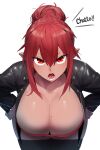  absurd_res big_breasts breasts cleavage clothed clothing dialogue female hair hi_res humanoid humanoid_pointy_ears in_30000 looking_at_viewer not_furry open_mouth red_eyes red_hair solo talking_to_viewer text 