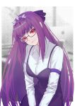  1girl absurdres bangs breasts danxing_aipangzi fate/grand_order fate_(series) glasses hair_between_eyes highres large_breasts long_hair looking_at_viewer purple_hair red_eyes scathach_(fate) scathach_skadi_(fate) smile solo tiara 