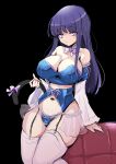  1girl arm_support black_background blue_panties bow breasts cat_tail cleavage closed_mouth curvy frederica_bernkastel garter_straps groin highres hime_cut holding_tail large_breasts long28 long_hair long_sleeves looking_at_viewer navel panties purple_eyes purple_hair simple_background solo tail tail_bow tail_ornament thighhighs umineko_no_naku_koro_ni underwear white_thighhighs 