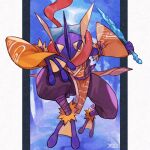  bright_pupils clothed_pokemon commentary_request greninja hands_up holding looking_at_viewer no_humans oyasuminjyutsu pants pillarboxed pokemon pokemon_(creature) purple_belt red_eyes rope_belt signature tongue white_pupils wide_sleeves 
