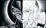  1boy androgynous berserk demon eclipse facing_viewer femto_(berserk) griffith_(berserk) hair_between_eyes helmet long_hair looking_at_viewer male_focus monochrome senetoarts signature split_screen split_theme white_hair 