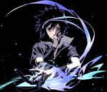 1boy black_background black_eyes black_hair black_jacket cofffee covering_mouth fighting_stance hair_between_eyes hand_over_own_mouth high_collar jacket male_focus naruto_(series) rope short_hair short_sleeves solo spiked_hair uchiha_sasuke upper_body wristband 