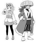  1boy 1girl alternate_costume bad_id bad_twitter_id dede_(qwea_00000) eyewear_on_head facial_hair full_body glasses greyscale hair_ornament hand_on_hip hand_up hat heart heart_hair_ornament leon_(pokemon) monochrome pokemon pokemon_(game) pokemon_swsh sash smile sonia_(pokemon) standing white_background 