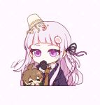  1boy 1girl ahoge bangs black_gloves black_jacket blush braid brown_hair chibi closed_eyes collared_shirt commentary_request cropped_torso cup_ramen danganronpa:_trigger_happy_havoc danganronpa_(series) food food_on_head gloves hair_ornament hair_ribbon hand_up highres jacket kirigiri_kyouko long_hair looking_at_another necktie object_on_head orange_necktie pink_eyes ribbon shiny shiny_hair shirt side_braid simple_background starko white_background white_shirt 