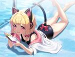  1girl absurdres animal_ear_headphones animal_ears ass bada_(jksh5056) bare_legs barefoot black_one-piece_swimsuit blonde_hair blue_archive bow breasts commentary_request fake_animal_ears hair_bow highres holding looking_at_viewer lying momoi_(blue_archive) nintendo_switch on_stomach open_clothes open_mouth open_shirt pink_sailor_collar purple_eyes red_bow sailor_collar shirt short_sleeves sidelocks small_breasts soles swimsuit swimsuit_under_clothes tail tears white_shirt 