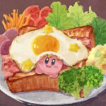  bacon blush broccoli colored_skin commentary food fried_egg fried_egg_on_toast highres kirby kirby_(series) miclot no_humans open_mouth pink_skin plate simple_background sparkling_eyes star_(symbol) symbol-only_commentary toast tomato vegetable 