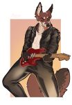  anthro black_body black_bottomwear black_clothing black_fur black_jacket black_nose black_pants black_topwear border bottomwear brown_body brown_fur canid clothed clothing dipstick_ears fangs fur gradient_background guitar hi_res holding_guitar jacket leather leather_clothing leather_jacket leather_topwear looking_aside male mammal multicolored_ears musical_instrument narrowed_eyes orange_eyes pants playing_guitar playing_music plucked_string_instrument pupbii pupils red_tongue signature simple_background slit_pupils solo standing string_instrument tan_body tan_fur tongue tongue_out topwear white_border 