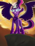  2022 angry blue_eyes clenched_teeth cloud collar equestria_girls equid equine eye_mist feathered_wings feathers female feral glowing glowing_eyes hair hasbro hi_res horn magic mammal midnight_sparkle_(eg) miru_yosimura multicolored_hair my_little_pony outside purple_body solo spread_wings teeth winged_unicorn wings 