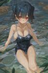  1girl absurdres arm_support bangs bare_shoulders black_hair black_one-piece_swimsuit borrowed_character breasts cleavage closed_mouth collarbone covered_navel gaki_kyonyuu hair_between_eyes highres hxxg large_breasts long_bangs looking_at_viewer one-piece_swimsuit oppai_loli red_eyes sasaki_kanna_(kaedeko) sideboob sitting solo swimsuit thigh_gap twintails water wet 