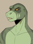  3:4 absurd_res anthro bust_portrait dinosaur glistening glistening_eyes green_body hi_res imperatorcaesar looking_aside male narrowed_eyes portrait reptile scalie simple_background solo tan_background tan_teeth unsigned 