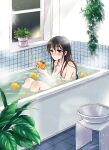  1girl bangs bathing bathroom bathtub black_hair blush breasts cleavage collarbone commentary_request completely_nude flower_pot food fruit hair_between_eyes hands_up himawari-san himawari-san_(character) holding holding_food holding_fruit indoors knees_up long_hair looking_at_viewer medium_breasts night nude parted_lips plant potted_plant purple_eyes signature solo star_(sky) sugano_manami tile_floor tile_wall tiles water window yuzu_(fruit) yuzu_bath 