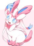  :d absurdres blue_eyes bright_pupils commentary_request fang full_body happy highres looking_at_viewer no_humans open_mouth pokemon pokemon_(creature) signature sitting smile solo surumeika_(ninfiiiir) sylveon tongue white_pupils 
