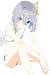  1girl amane_kanata angel angel_wings bare_shoulders bikini blue_hair collarbone colored_inner_hair eyes_visible_through_hair flat_chest grey_hair hair_between_eyes happycalpis highres hololive looking_at_viewer multicolored_hair parted_lips purple_eyes short_hair simple_background sitting solo swimsuit virtual_youtuber white_background wings 
