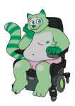  3_toes 4_fingers anthro bent_arm bent_legs bottomwear clothing digital_media_(artwork) feet fingers fred_(fredrick_brennan) fur green_body green_fur hand_on_cheek hi_res looking_at_viewer male mammal mouth_closed navel nipples overweight overweight_anthro overweight_male pocketfurry procyonid raccoon shorts sitting solo toes 