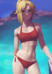  1girl abs bikini blonde_hair blurry blurry_background breasts closed_mouth commentary_request contrapposto fate/grand_order fate_(series) green_eyes hair_ornament hair_scrunchie hand_on_railing long_hair looking_at_viewer mordred_(fate) mordred_(fate/apocrypha) muscular muscular_female navel ponytail putcher red_scrunchie scrunchie side-tie_bikini_bottom small_breasts swimsuit tsurime 