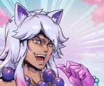  1boy :d animal_ears bangs bead_bracelet bead_necklace beads bracelet dio_brando grey_hair jewelry jojo_no_kimyou_na_bouken kono_dio_da_(meme) league_of_legends long_hair male_focus meme necklace open_mouth parody phantom_ix_row pointing pointing_at_self portrait sett_(league_of_legends) shiny shiny_hair smile solo spirit_blossom_sett teeth tongue 