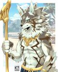  2022 5_fingers abs anthro black_nose black_sclera brown_body brown_fur canid canine canis claws clothed clothing detailed_background ear_piercing fingers fur gold_(metal) green_eyes hi_res jackal jewelry leonelak male mammal melee_weapon muscular muscular_anthro muscular_male piercing polearm seth_(tas) solo striped_body striped_fur stripes topless topless_anthro topless_male weapon white_body white_fur 