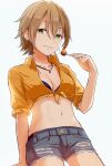  1girl arm_support breasts brown_hair candy cleavage cutoffs earrings food front-tie_top green_eyes highres idolmaster idolmaster_cinderella_girls jewelry kimura_natsuki lollipop machi-z medium_breasts midriff navel necklace pendant revision shirt short_hair short_shorts shorts simple_background smile solo tied_shirt 