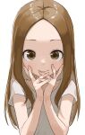  1girl absurdres bangs brown_eyes brown_hair closed_mouth commentary_request forehead highres karakai_jouzu_no_takagi-san long_hair looking_at_viewer parted_bangs shiny shiny_hair shirt short_sleeves simple_background smile solo takagi-san upper_body white_background white_shirt yamamoto_souichirou 