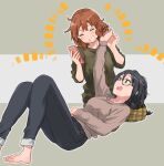  2girls amano_shin bangs barefoot black_hair blue_eyes blue_pants blush brown_hair brown_sweater closed_eyes denim glasses green_shirt hand_in_another&#039;s_hair hand_up hands_up hibike!_euphonium highres holding holding_phone jeans long_hair long_sleeves looking_at_another lying multiple_girls on_back open_mouth oumae_kumiko pants parted_lips phone red-framed_eyewear shirt short_hair sitting smile sweater tanaka_asuka 