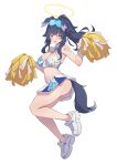  1girl absurdres animal_ears ass bangs bare_arms bare_legs bare_shoulders black_hair blue_archive blue_eyes blush breasts cheerleader cleavage crop_top dog_ears dog_girl dog_tail eyewear_on_head full_body goggles goggles_on_head halo hibiki_(blue_archive) hibiki_(cheerleader)_(blue_archive) highres long_hair looking_at_viewer medium_breasts navel pom_pom_(cheerleading) shoes skirt sneakers solo sticker_on_arm tail whitek 