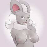  1:1 absurd_res anthro big_ears bodily_fluids breasts cinccino cum cum_on_breasts cum_on_hand female generation_5_pokemon genital_fluids hi_res i_will_dance_only_if_the_beat_is_funky inner_ear_fluff licking_cum looking_at_viewer neck_tuft nintendo nipples pokemon pokemon_(species) solo tuft video_games 