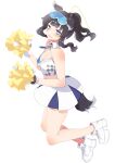  1girl absurdres animal_ears bangs bare_shoulders black_hair blue_archive blue_eyes breasts cheerleader cleavage clothes_writing dog_ears dog_girl dog_tail eyewear_on_head full_body goggles goggles_on_head halo hibiki_(blue_archive) hibiki_(cheerleader)_(blue_archive) highres holding holding_pom_poms looking_at_viewer medium_breasts pom_pom_(cheerleading) poyadi shoes simple_background skirt sleeveless sneakers solo sticker_on_face sunglasses tail white_background white_footwear white_skirt 