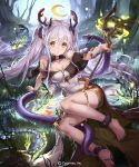  1girl animal antlers arm_support bangs bare_shoulders barefoot breasts character_request commentary_request crescent dress feet green_eyes grey_hair hair_between_eyes holding holding_staff liiko long_hair looking_at_viewer medium_breasts official_art on_grass orb outdoors parted_lips shadowverse short_eyebrows skeleton snake solo staff thick_eyebrows toenails toes tree twintails very_long_hair watermark white_dress 