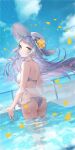  1girl back bangs bare_back bare_shoulders blue_sky blush closed_mouth cloud floating_hair flower frilled_panties frills from_behind grey_hair halterneck hat hat_flower highres hololive long_hair looking_at_viewer looking_back murasaki_shion panties petals see-through shiohana sidelocks sky solo star_(symbol) straw_hat underwear very_long_hair virtual_youtuber wading water wet wet_clothes white_headwear white_panties yellow_eyes yellow_nails 